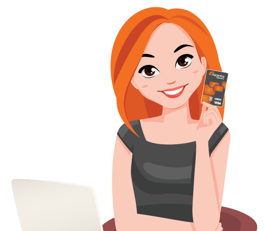 Red head illustration holding up ascentra credit card