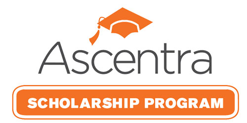 Ascentra Scholarship Program in gray and orange writing with orange graduation cap