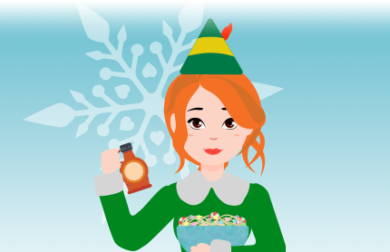 Cartoon character dressed as an elf. She has red hair and is holding a bottle of syrup and spaghetti