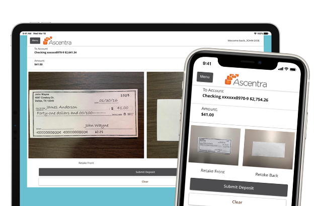Desktop and mobile view of remote check deposit