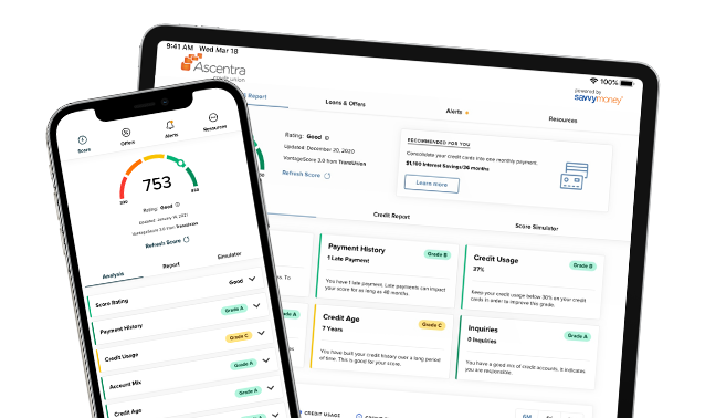 iPhone and iPad with screenshots of SavvyMoney credit reports