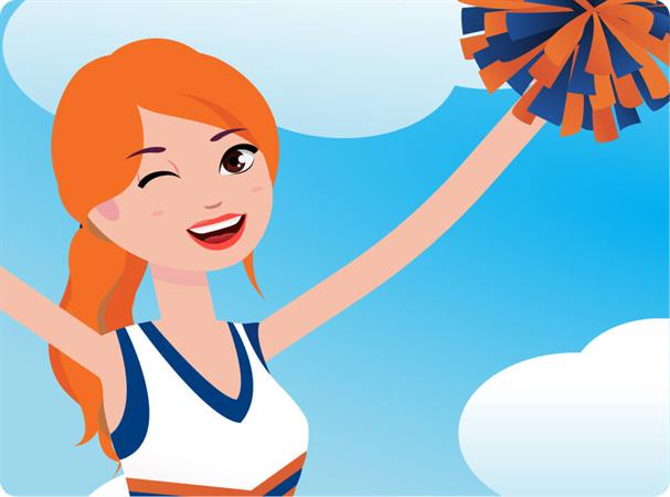 Fran in an orange and blue cheerleading outfit standing in front of a blue background with clouds