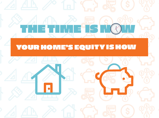 White background with orange and blue colored icons, font reads the time is now your homes equity is how. blue house icon and orange piggy bank icon in the foreground under the words