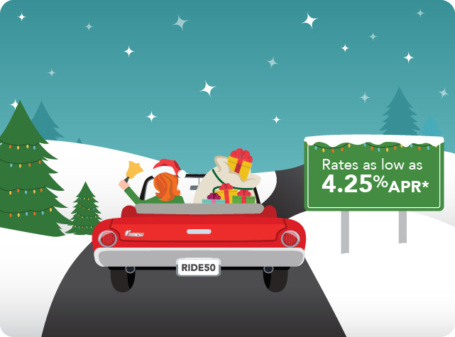 Fran driving in her red car ringing the bell. rate shown as low as 4.25% APR