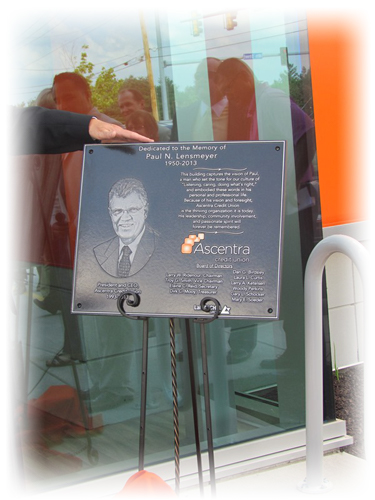 Plaque dedicating building to Paul Lensmeyer