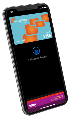 Iphone with ascentra debit card in digital wallet