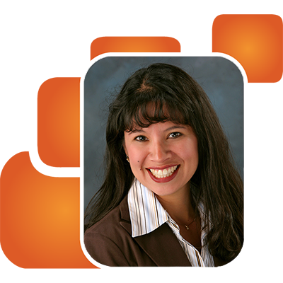 Headshot of Priscilla in orange ascentra bubbles