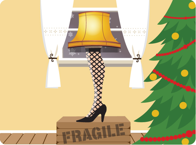 A Christmas Story leg lamp in front of window with yellow background