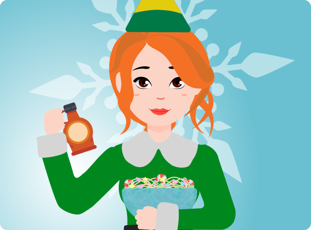 Fran dressed as an Elf holding a bowl of cereal and maple syrup