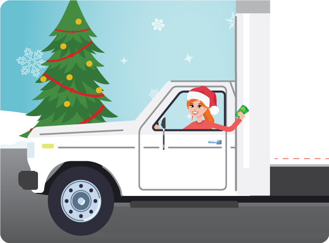 Fran in white truck wearing santa hat and holding cash